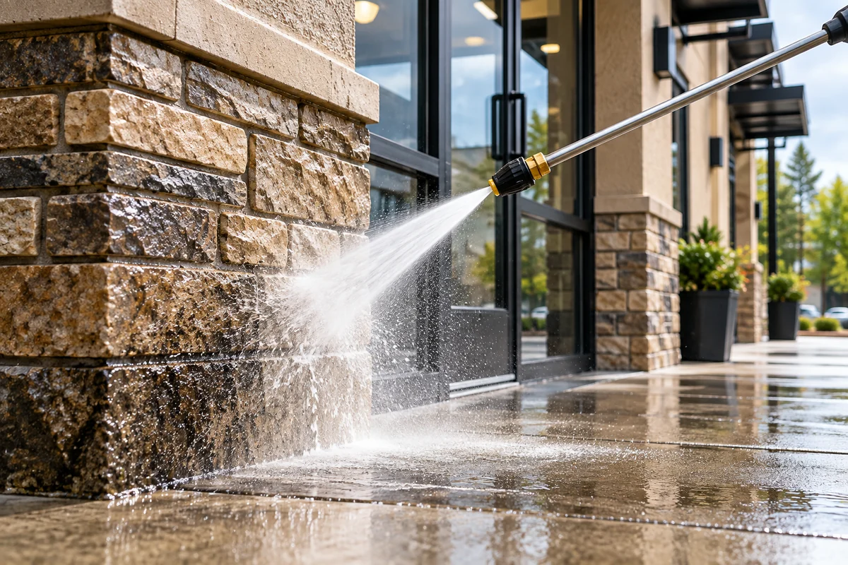 Active washing at a commercial entryway.