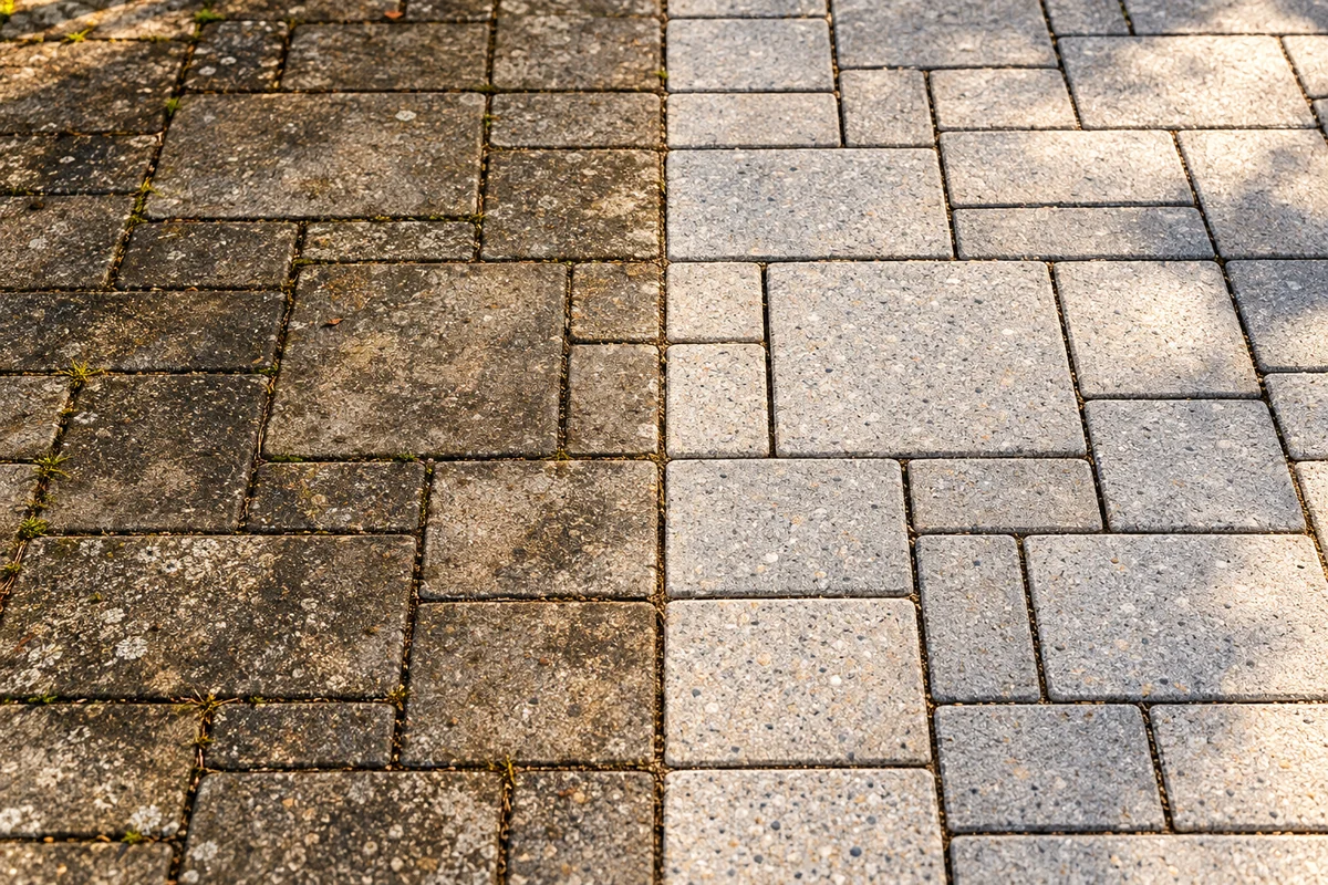 Concrete and paver surfaces showing representative restoration.