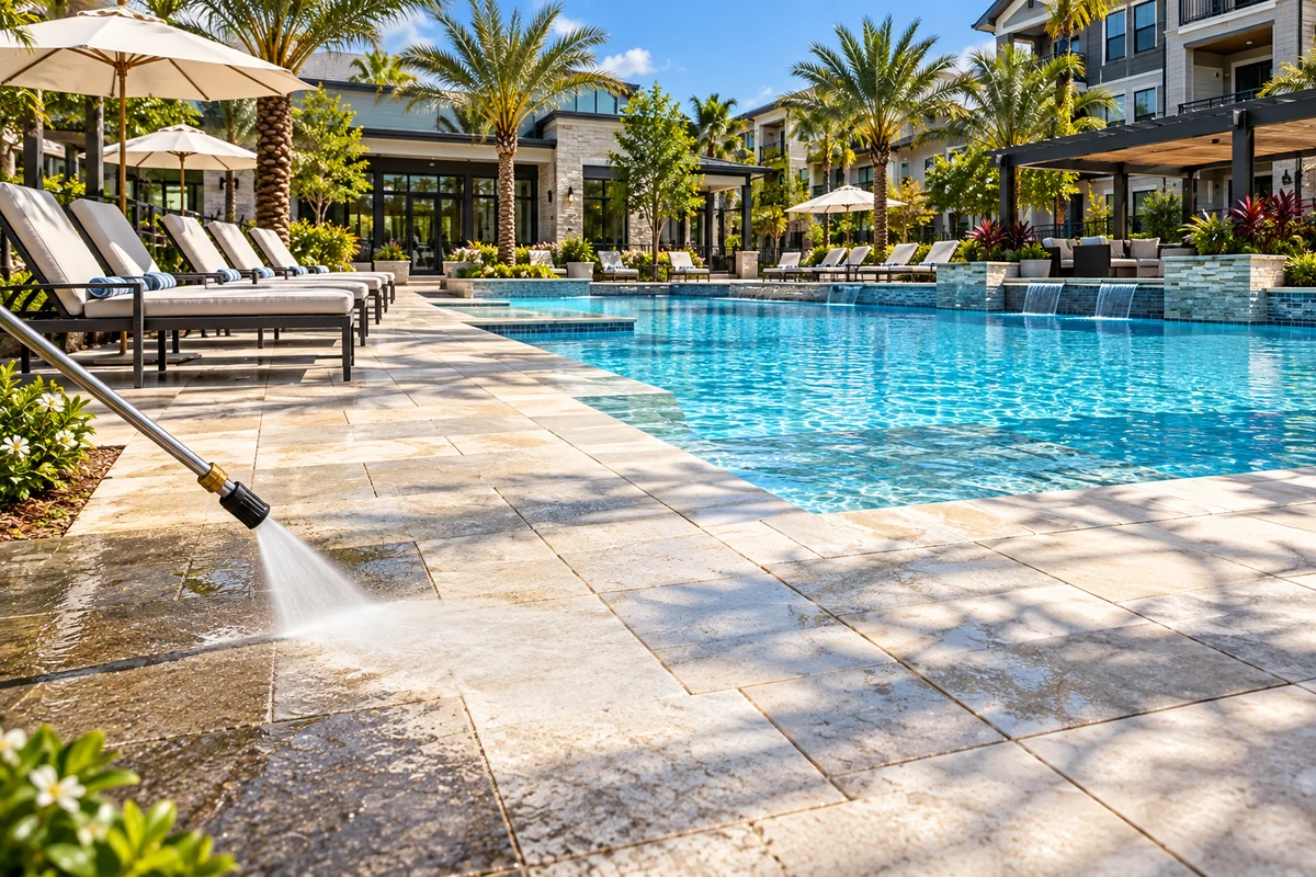 Pool deck and furniture in a premium amenity environment.