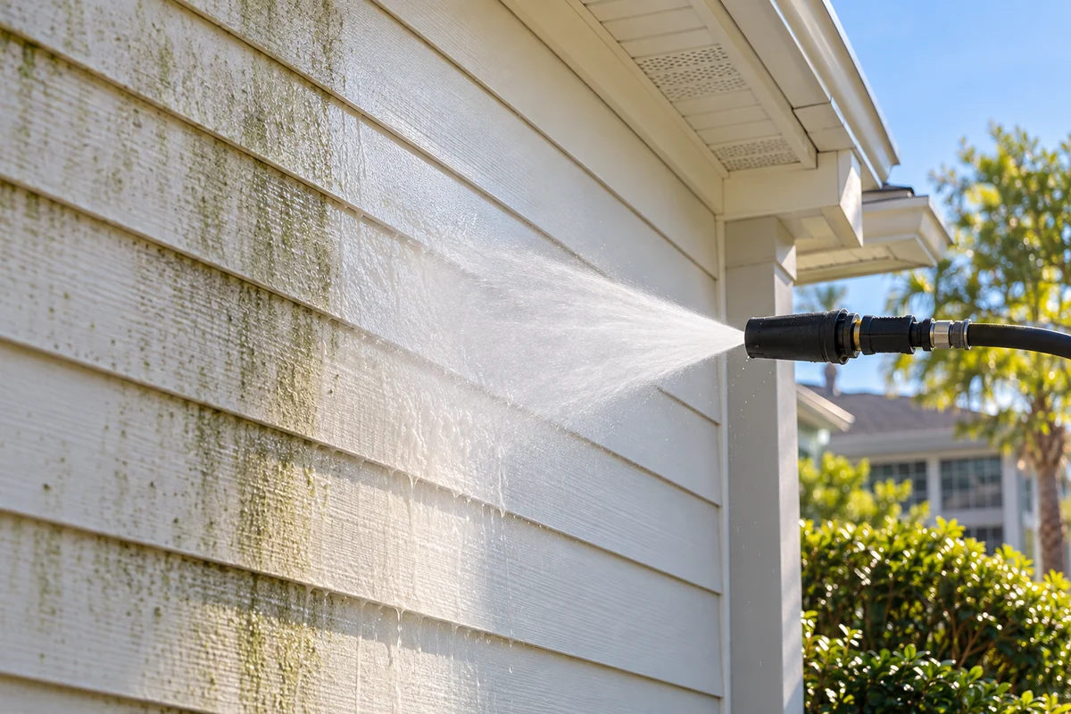 Gentle spray treating building siding.
