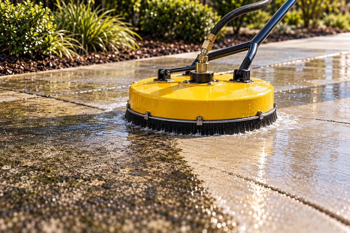 Yellow rotary surface cleaner working on concrete.