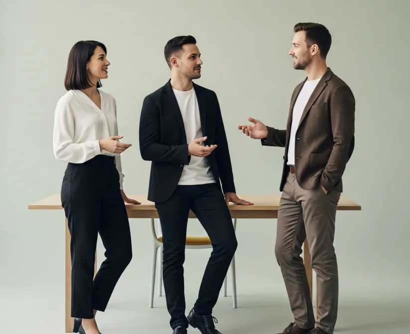 Three team members talking during a stand-up meeting