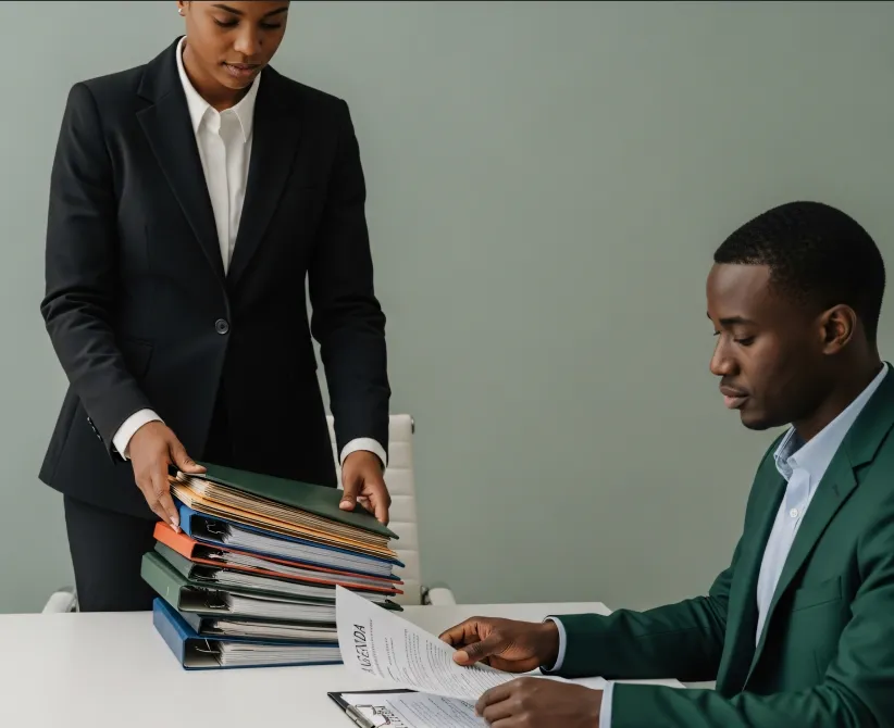 Specialist handing a stack of project files to a colleague