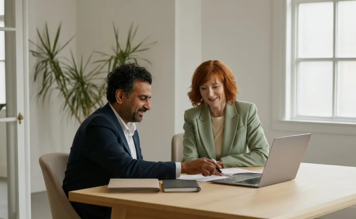 Recruitment advisor reviewing documents with a client at a bright office table