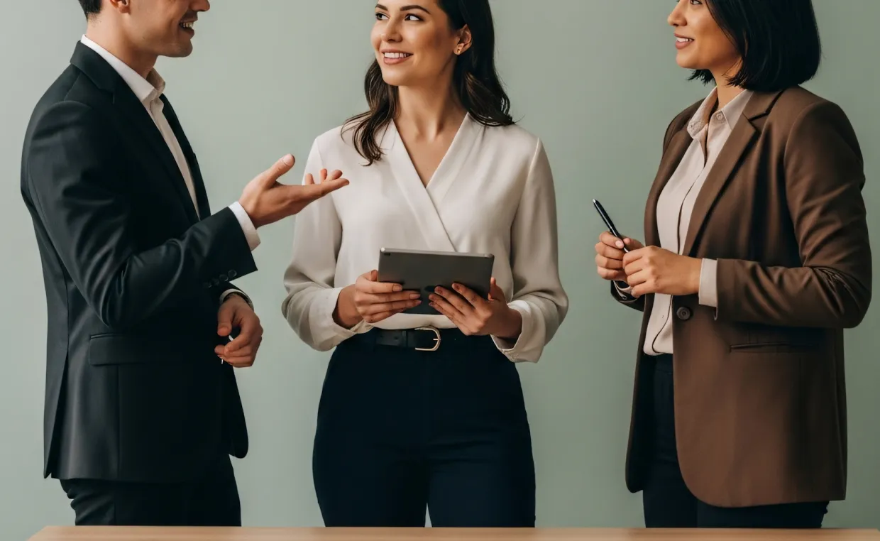 Three colleagues discussing plans around a tablet