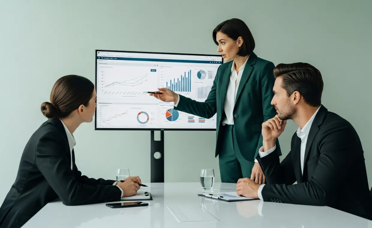 Consultant presenting hiring analytics on a screen to two colleagues