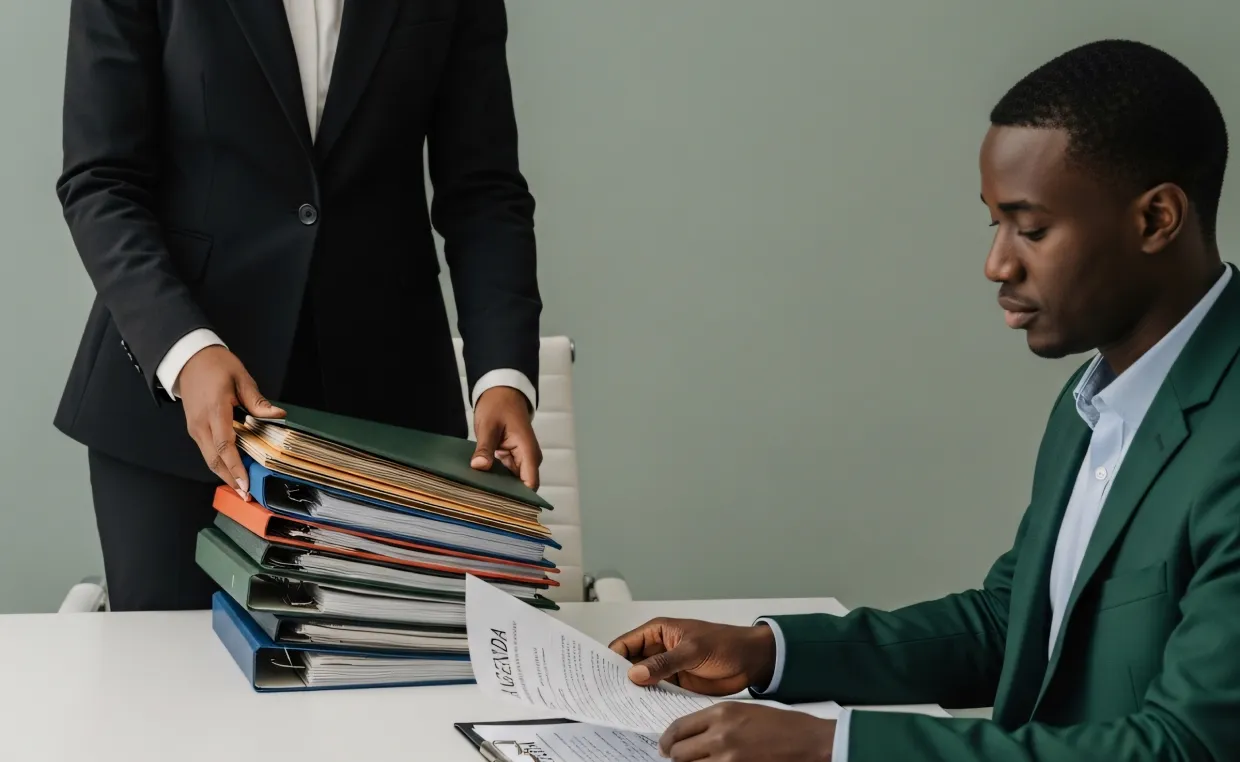 HR specialist handing over a stack of files to a colleague