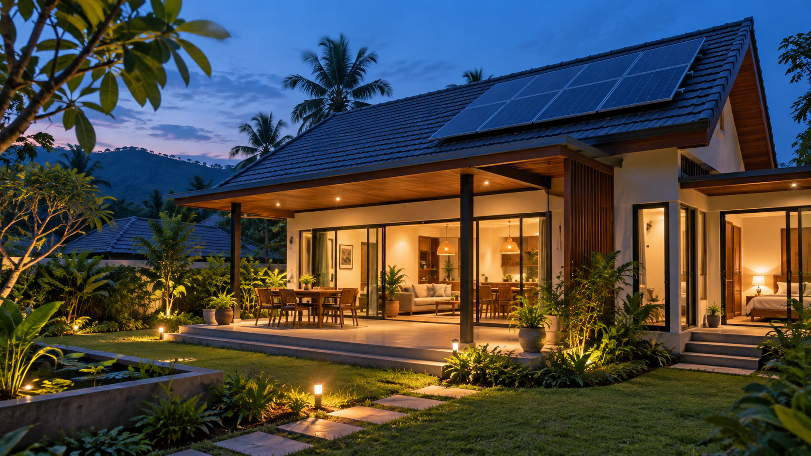 Solar-powered tropical home with warm evening lighting