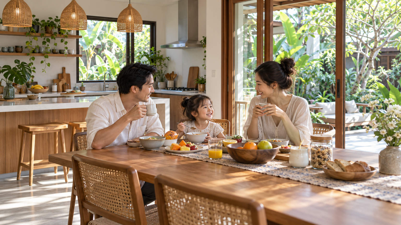 Family enjoying breakfast in a bright home overlooking a green garden