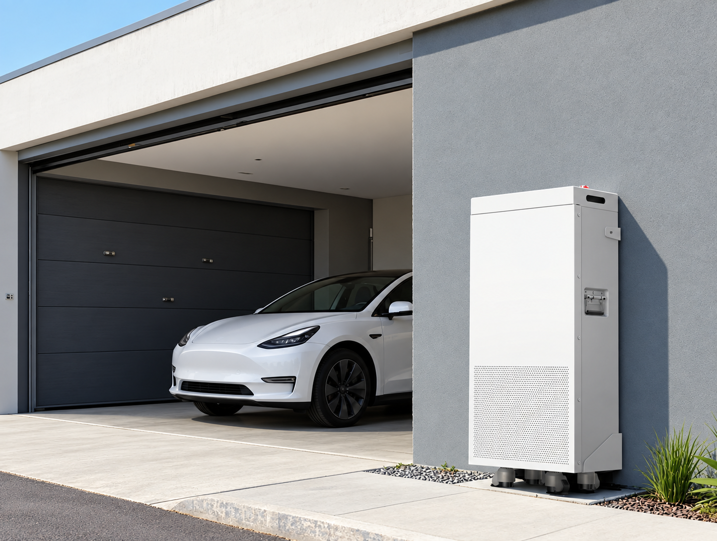 Home energy storage battery beside a modern garage