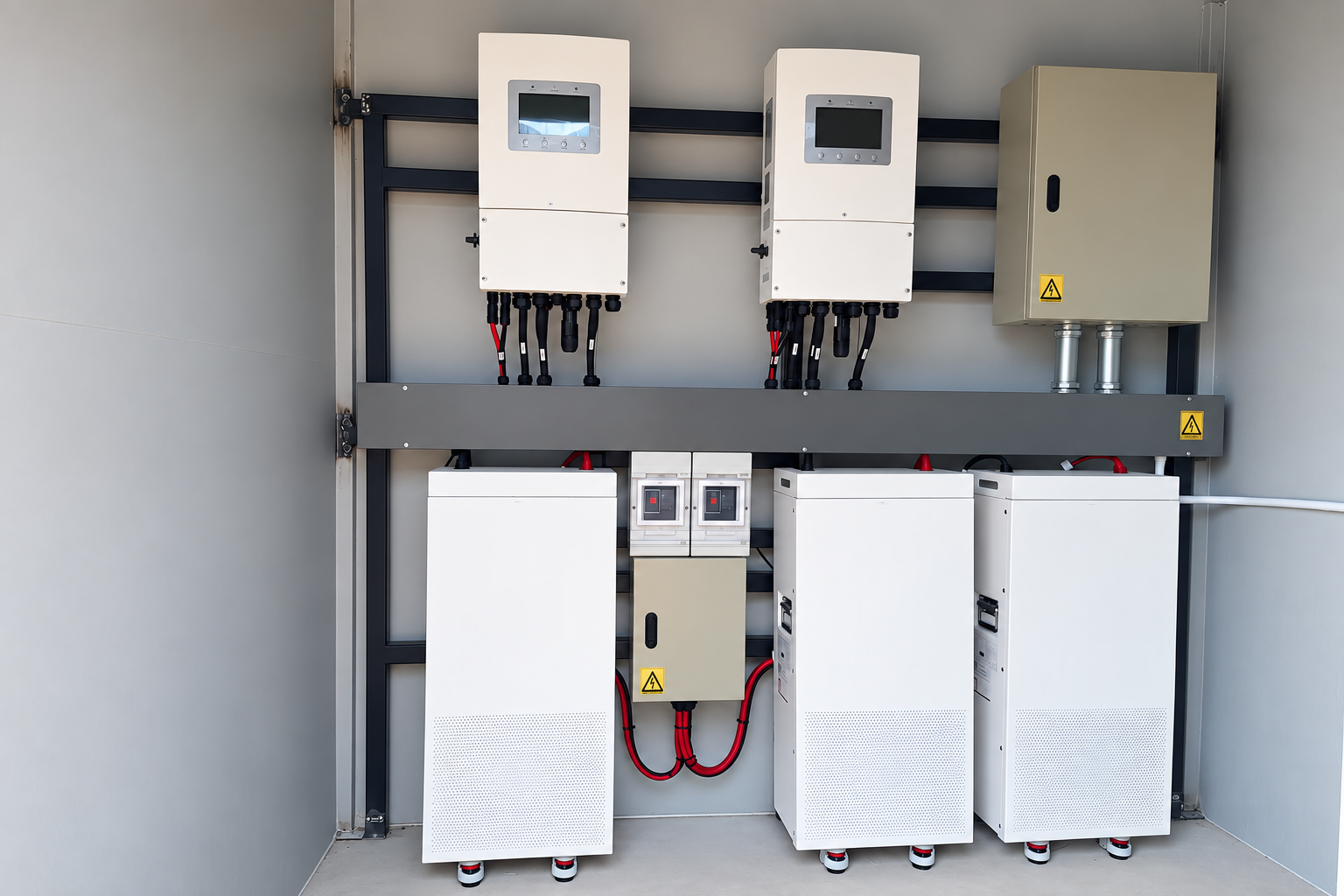 Three batteries with inverters in an installed storage system