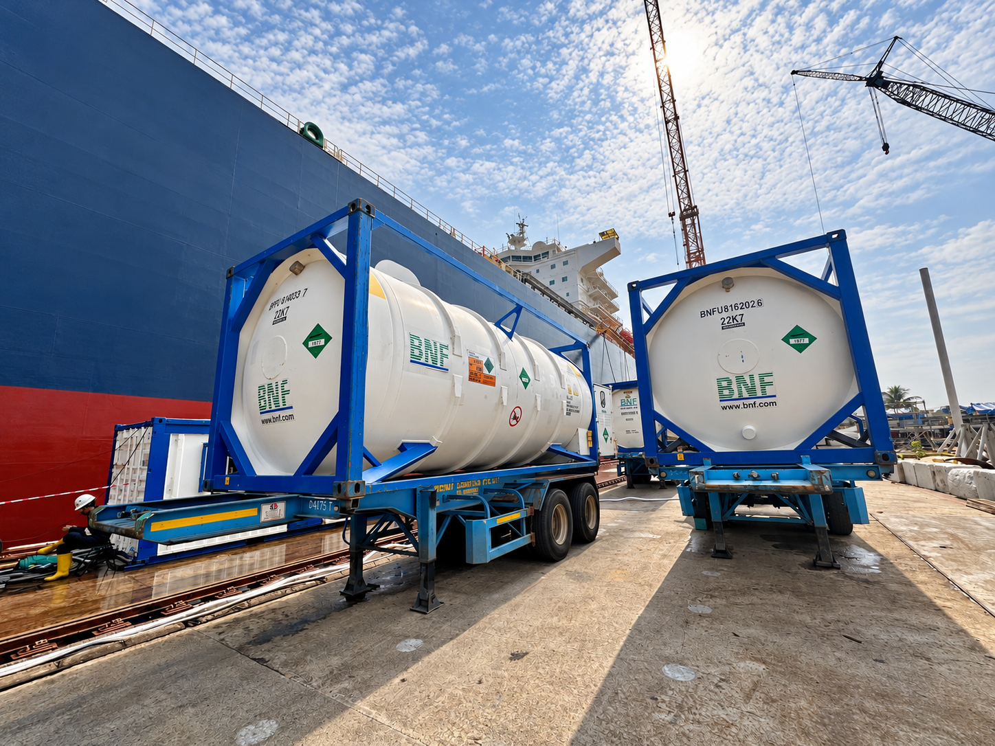 BNF ISO tanks on trailers at the quayside beside a vessel