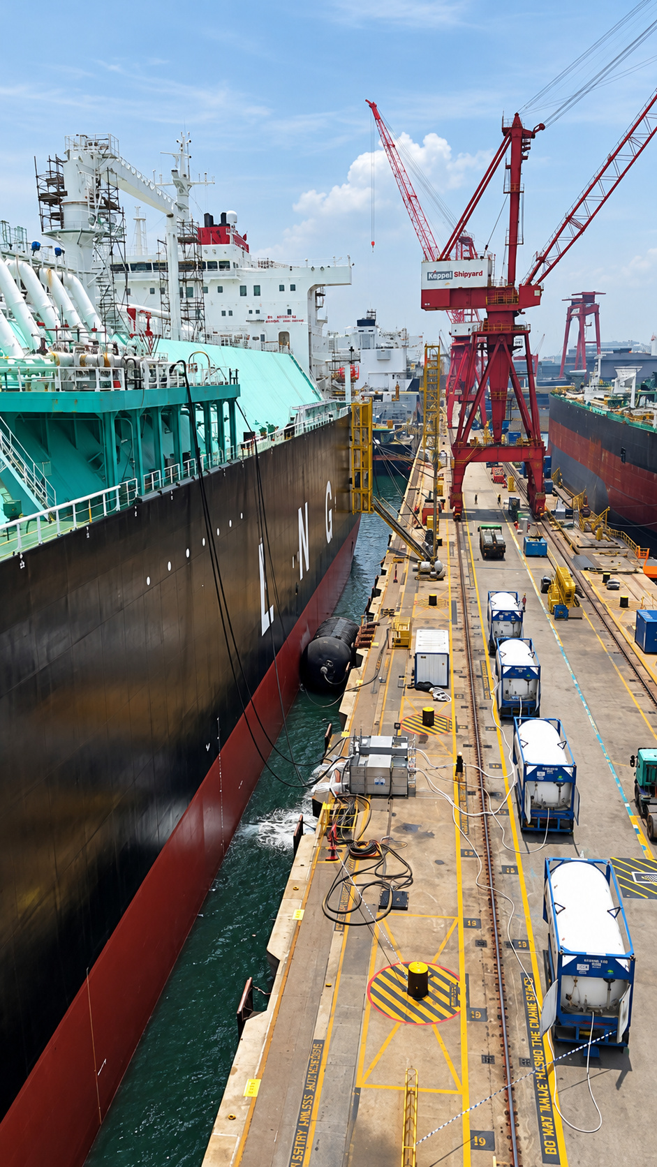 BNF ISO tanks on trailers at the quayside beside a vessel