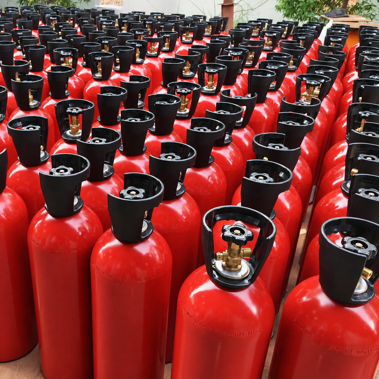 Rows of red aluminium cylinders with black valve guards