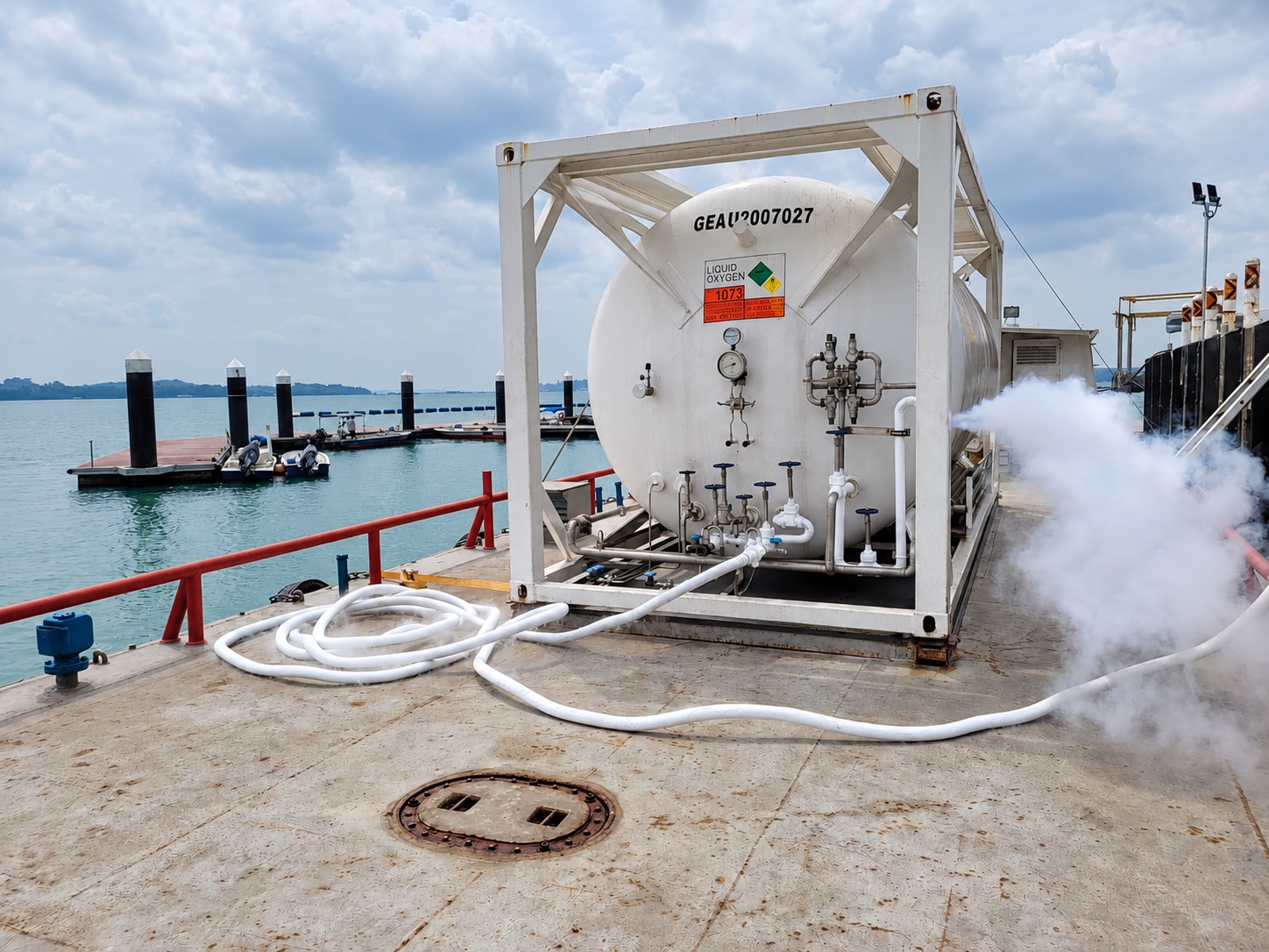 BNF ISO tanks lashed on deck at a shipyard