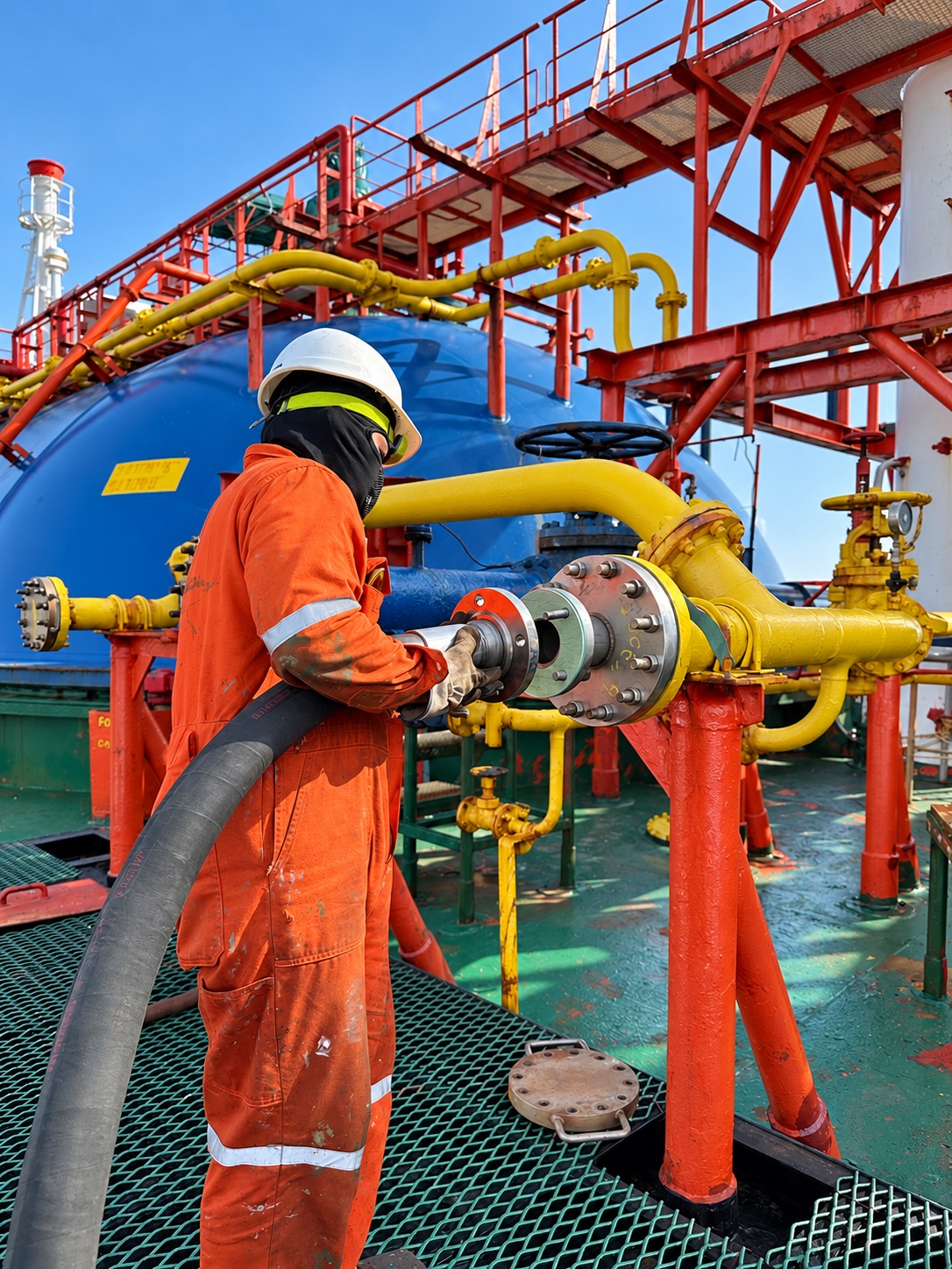 BNF ISO tanks lashed on deck at a shipyard
