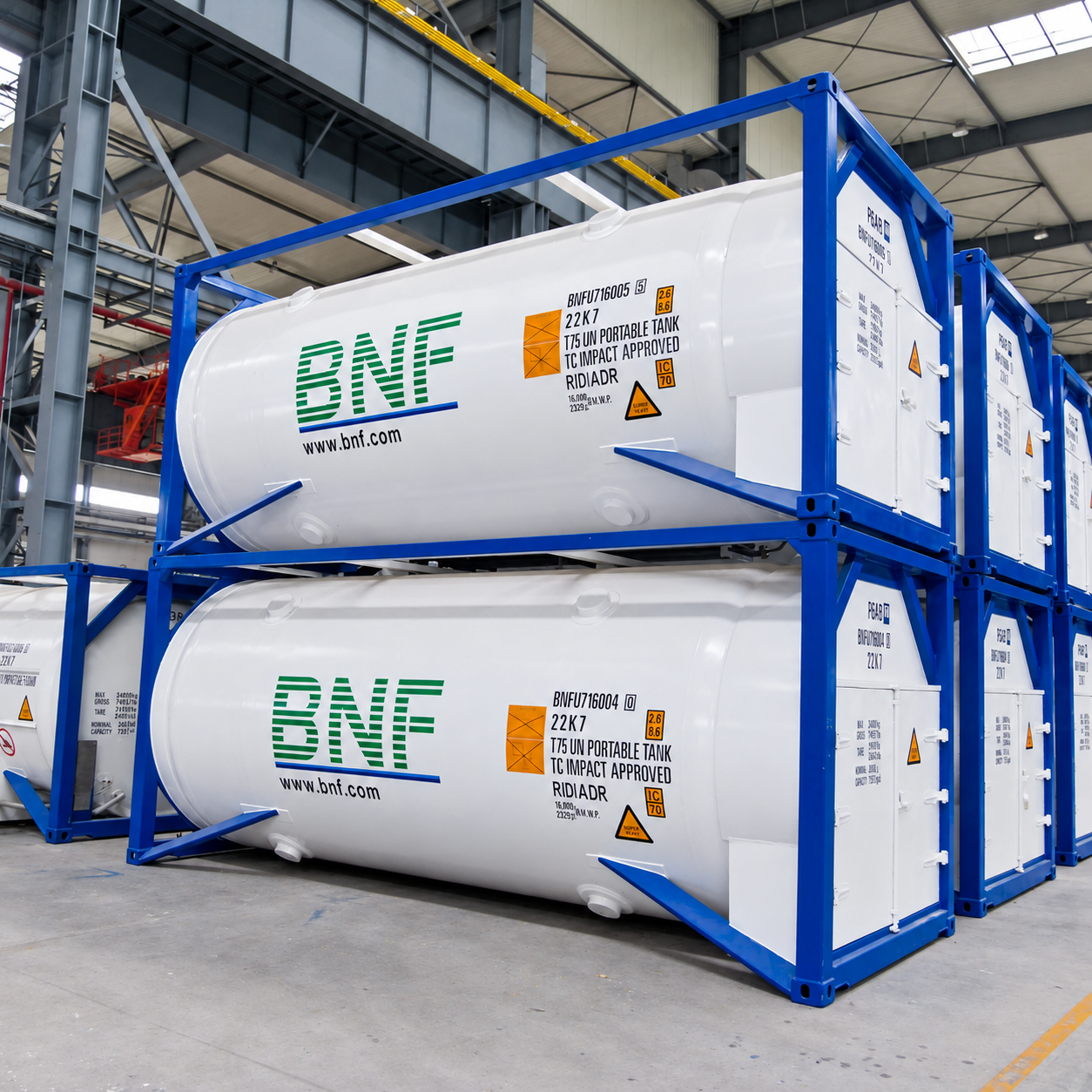 BNF T75 nitrogen ISO tanks lashed on deck at a shipyard