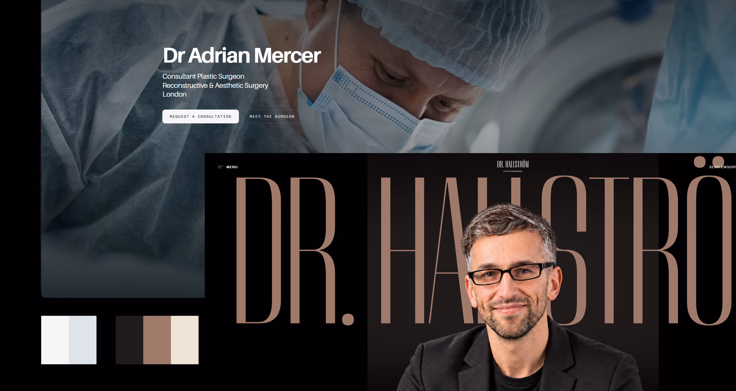 Dark editorial plastic surgeon website homepage