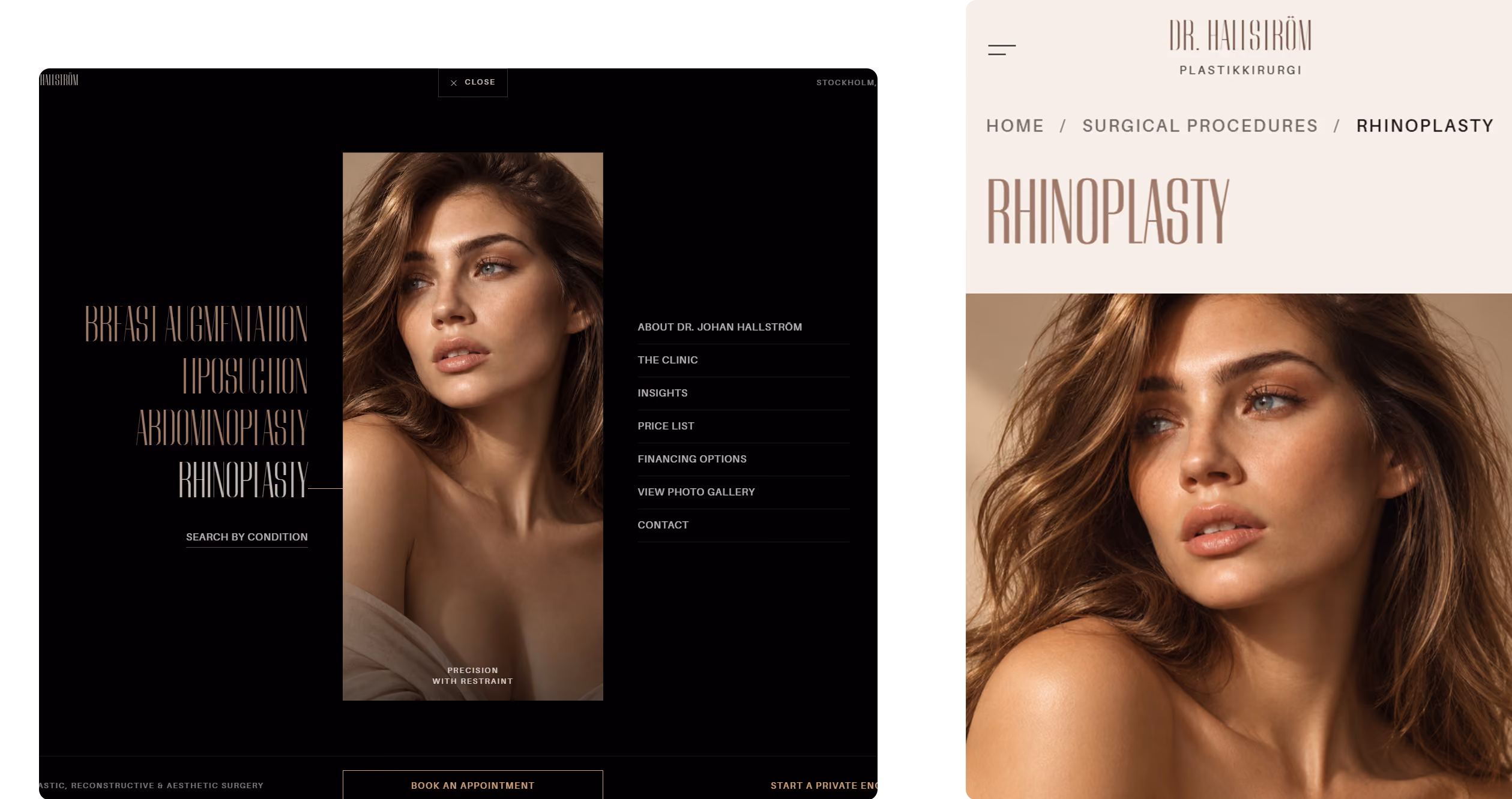 Typography and navigation layouts for a plastic surgeon website