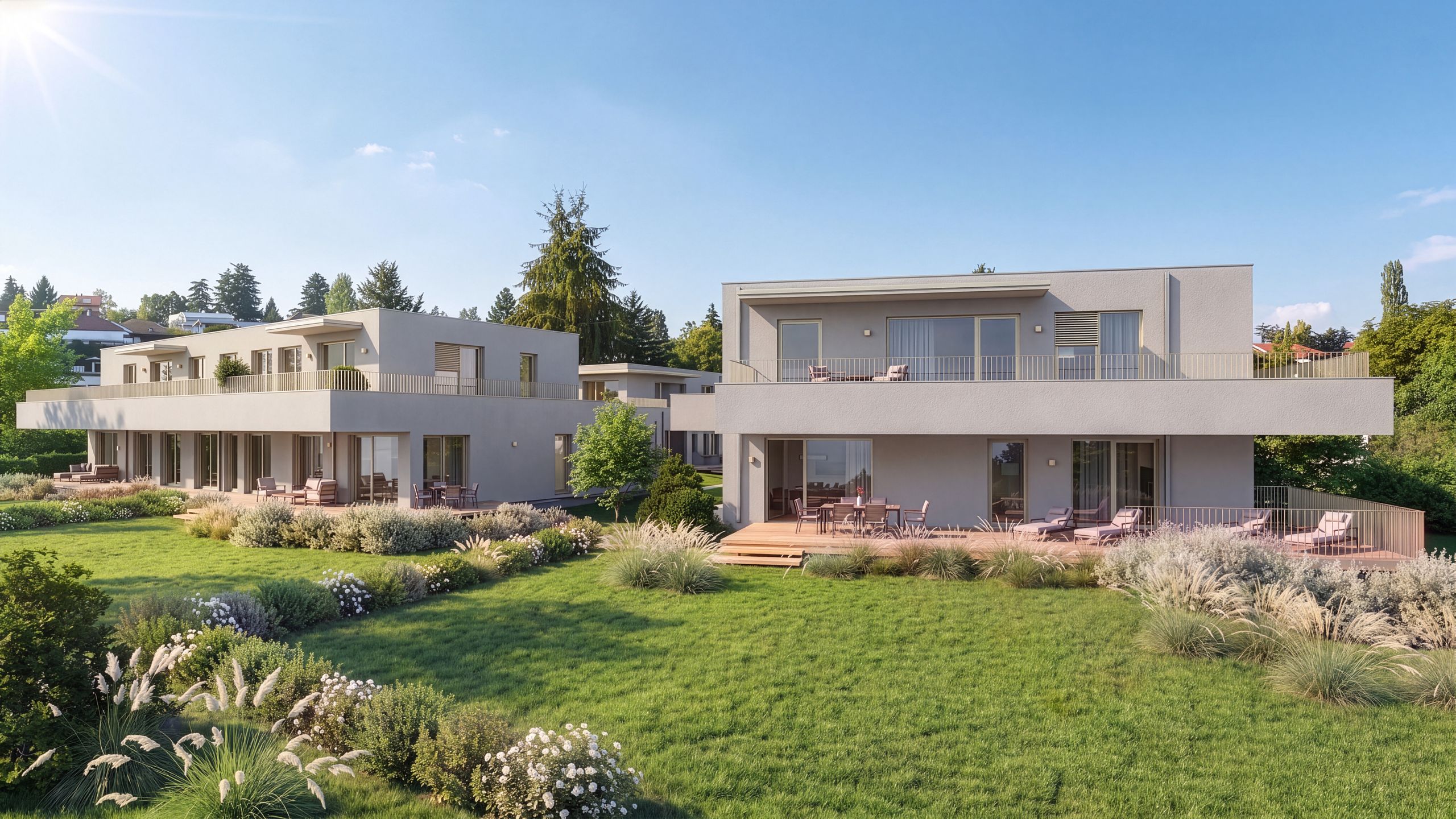 Gartenansicht der vier Häuser von 4gardens in Graz-Waltendorf