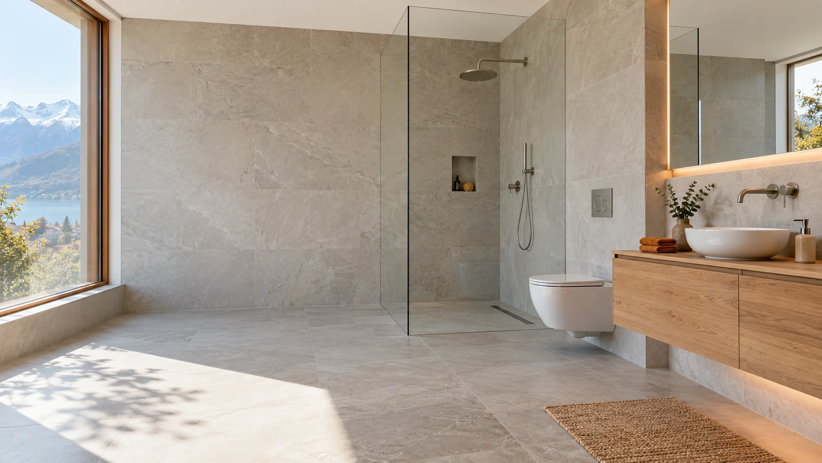 Modernes Badezimmer mit bodenebener Dusche und Holzwaschtisch