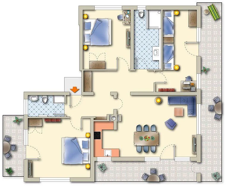 Grundriss Ferienwohnung 2: 108 m², drei Schlafzimmer, zwei Bäder, zwei Balkone