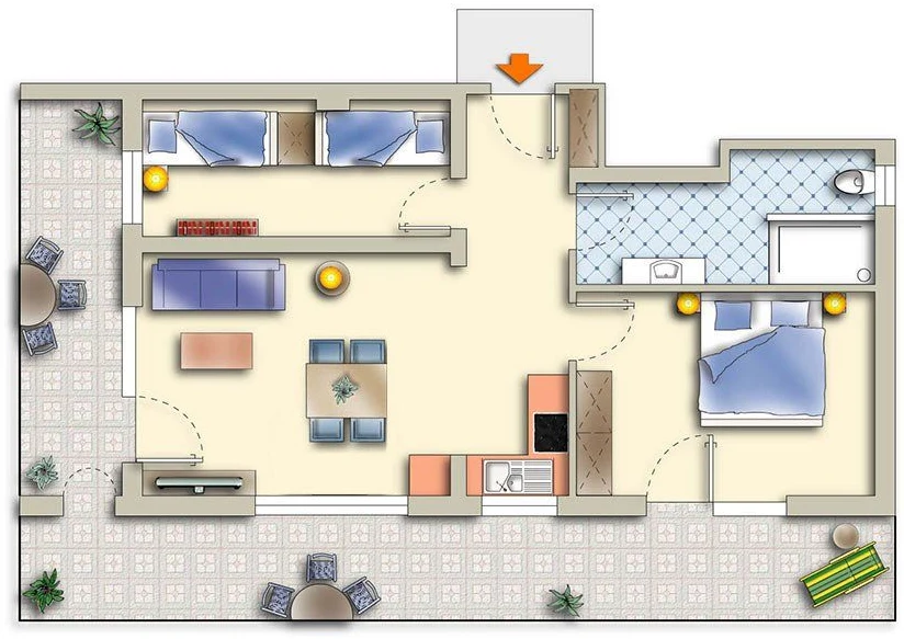 Grundriss Ferienwohnung 3: 55 m², zwei Schlafzimmer, Terrasse