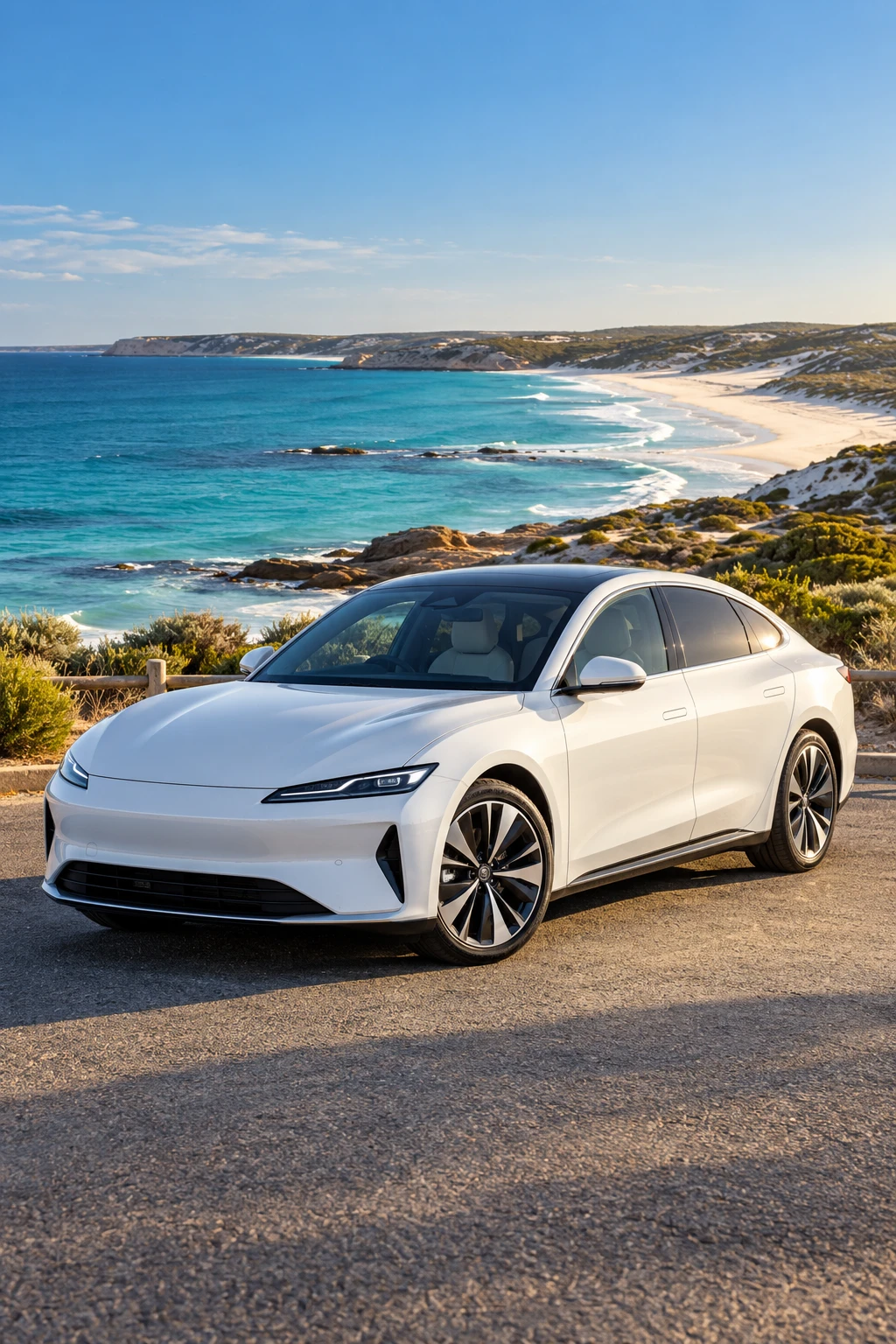 White electric sedan overlooking turquoise water and a sandy Australian coastline