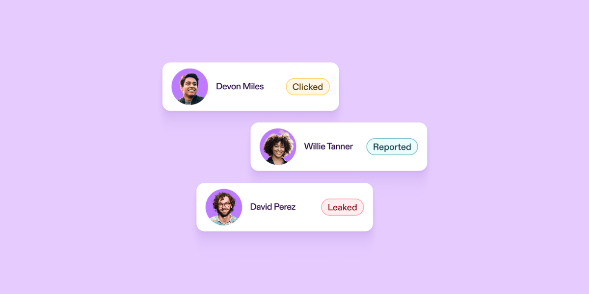 Three employee result cards on a lilac background from a Pistachio phishing simulation, showing one employee clicked the link, one reported the email and one leaked their details.