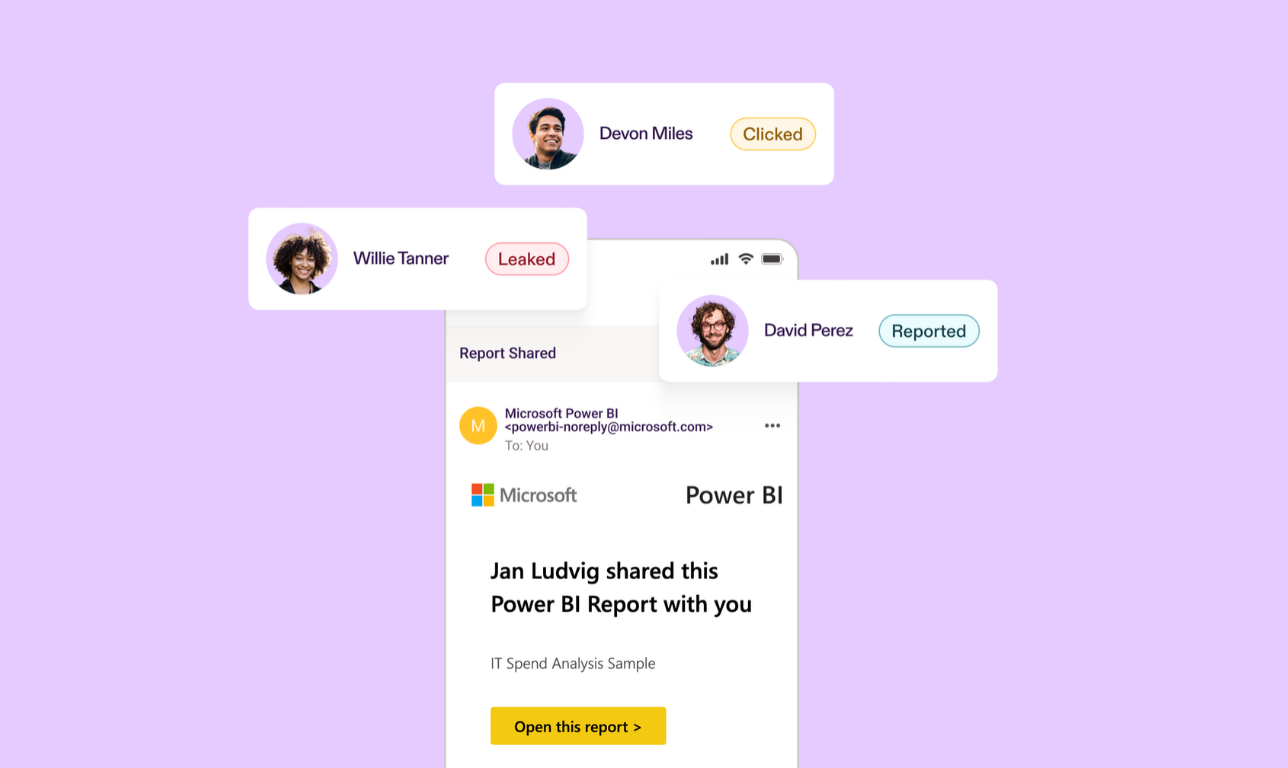 Pistachio phishing simulation on a lilac background, showing a fake Microsoft Power BI report share email with three employees’ results labelled clicked, leaked and reported.