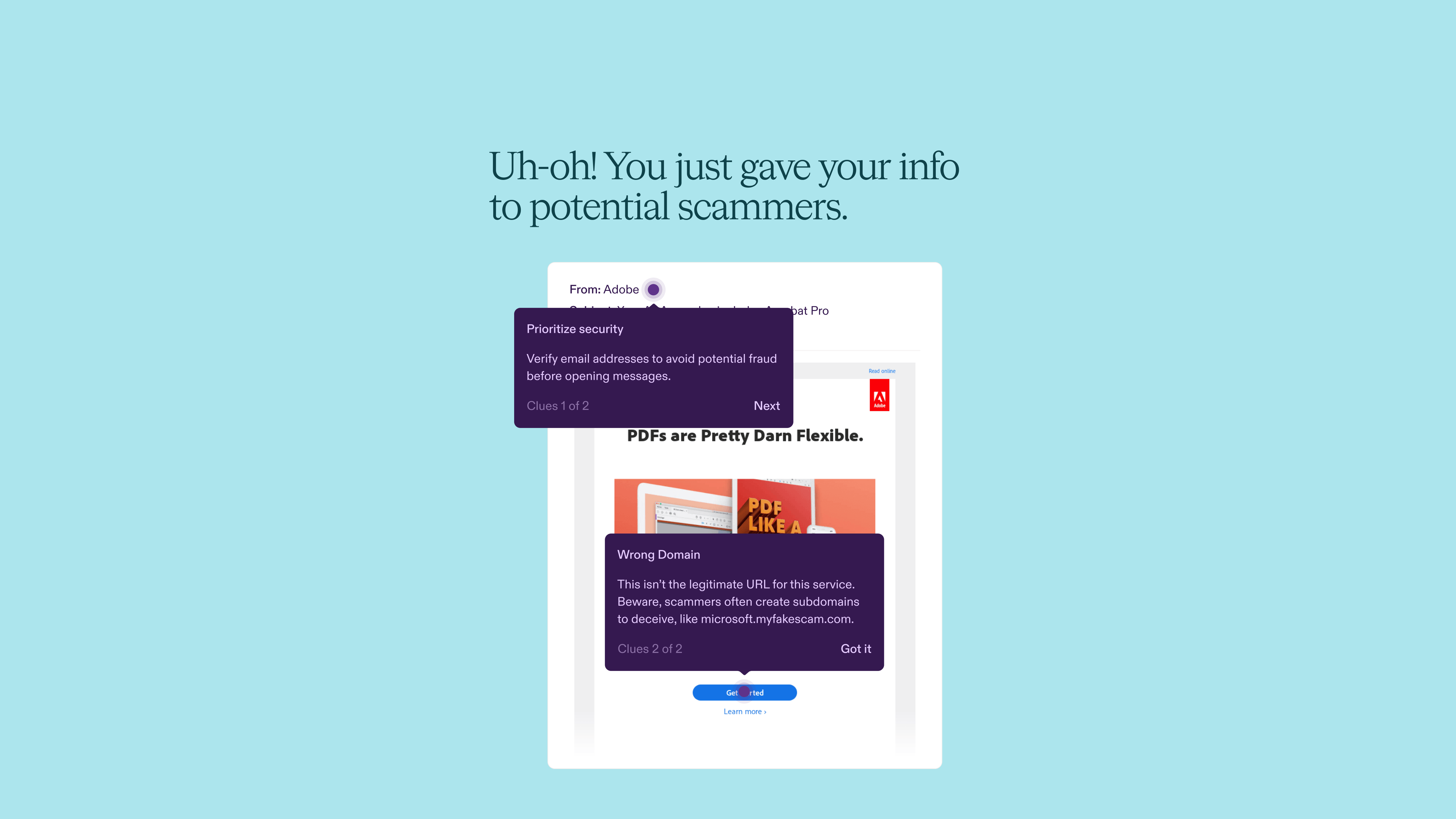 Pistachio phishing simulation landing page on a light blue background, telling an employee they just gave their info to potential scammers and highlighting the warning signs they missed, including the sender’s address and a fake domain.
