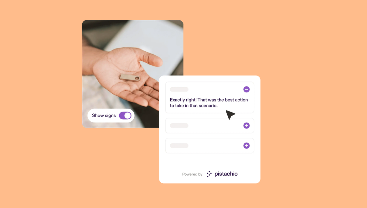 Pistachio training scenario on an orange background, showing a photo of a hand holding coins alongside a multiple choice question with feedback confirming the correct answer.