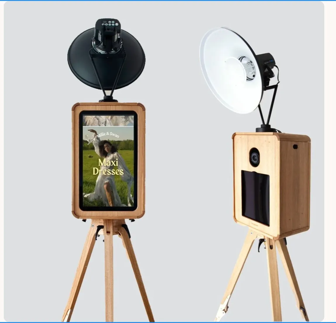 Two wooden ICON photo booths by Bliss Booth