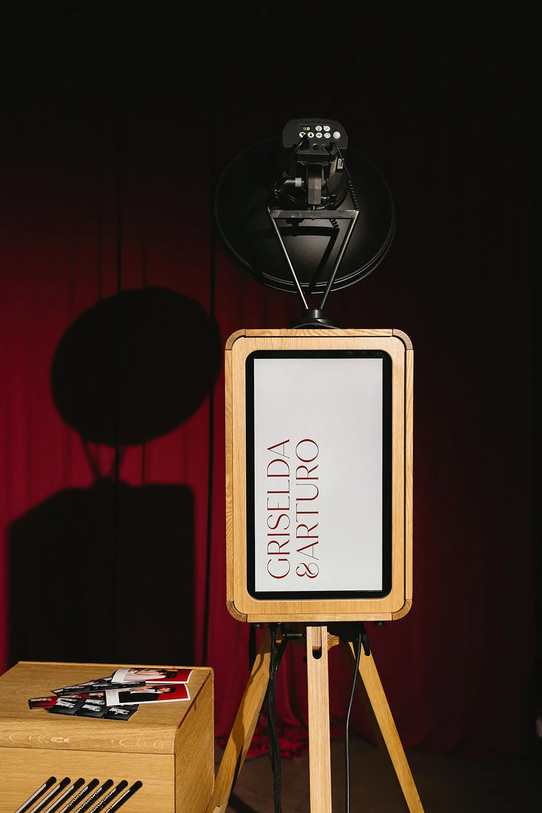 Personalised ICON photo booth welcome screen with print station and photo strips