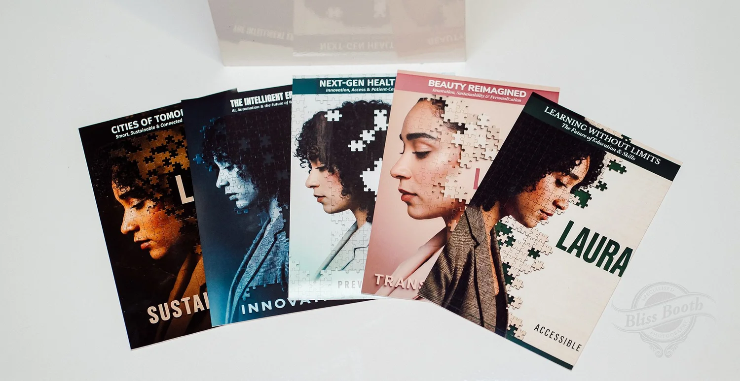 Printed magazine-style cover portraits from the photo booth