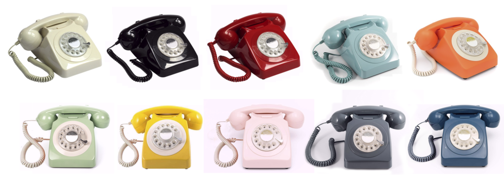 Vintage rotary telephones in black, red, blue, yellow, pink and grey