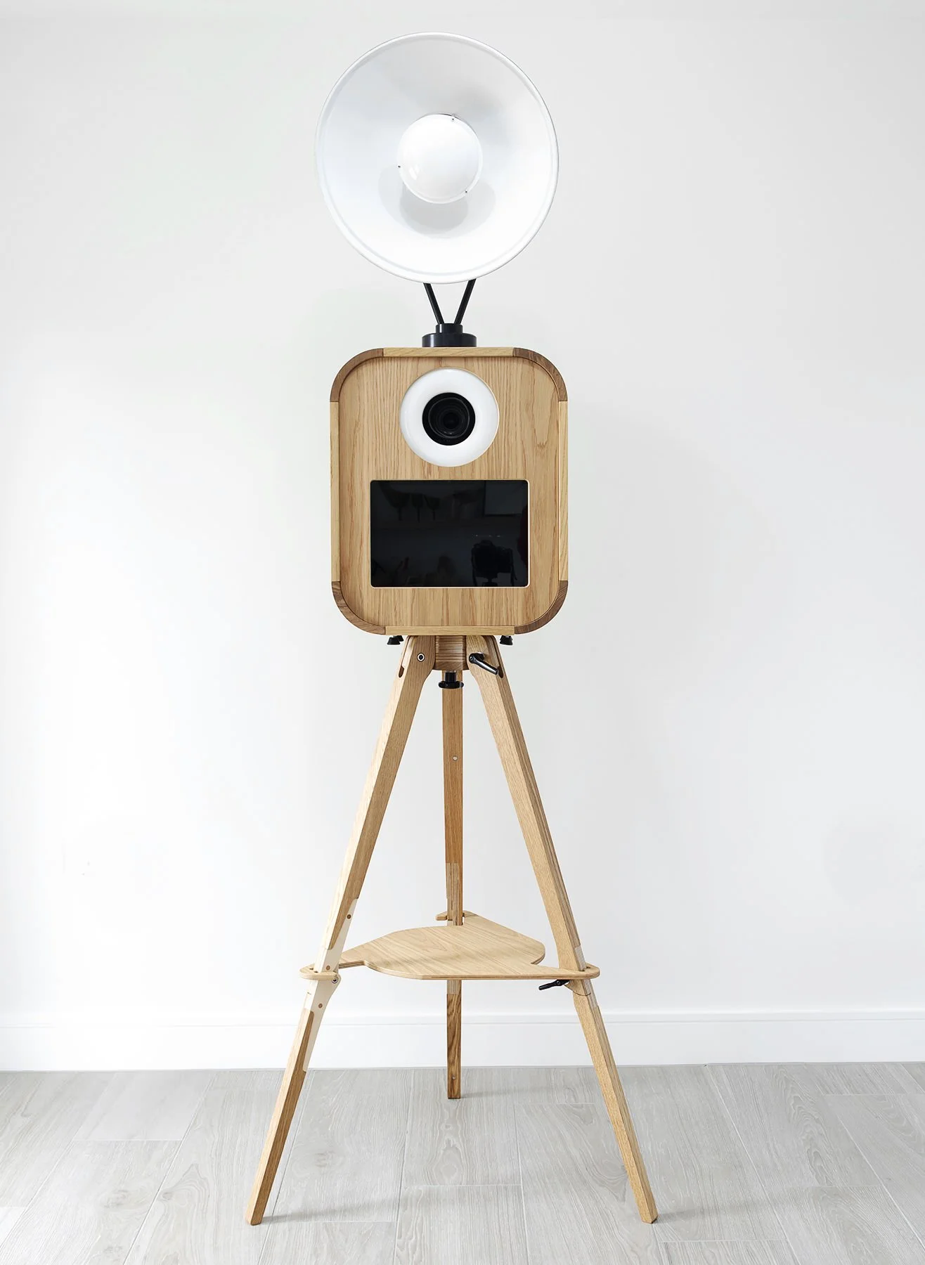 Wooden Retro photo booth by Bliss Booth on a tripod stand with studio flash