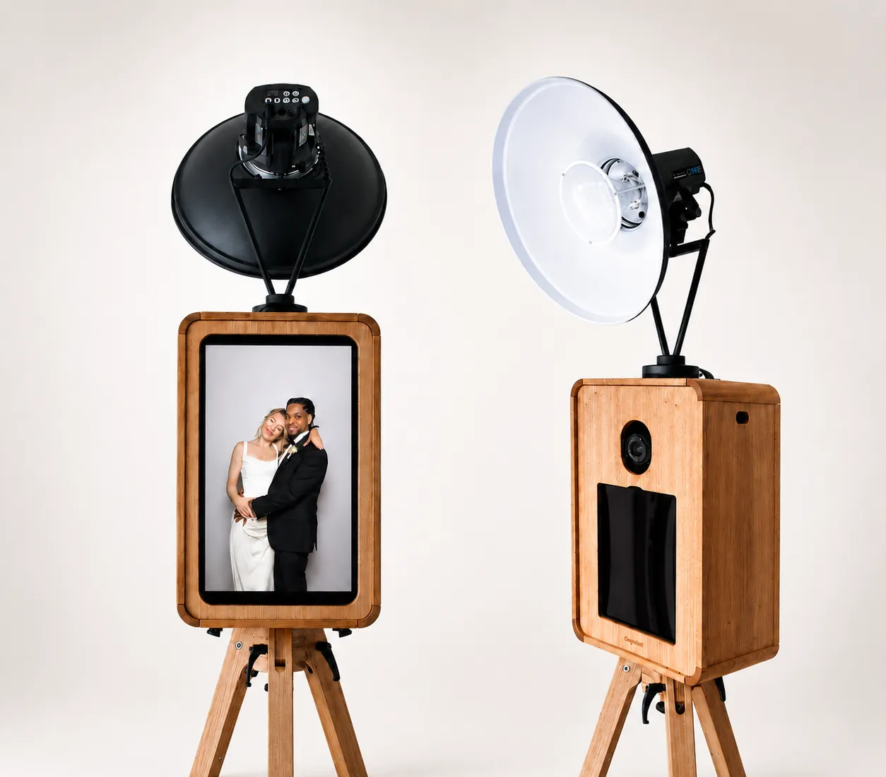 Two wooden ICON photo booths with studio lights