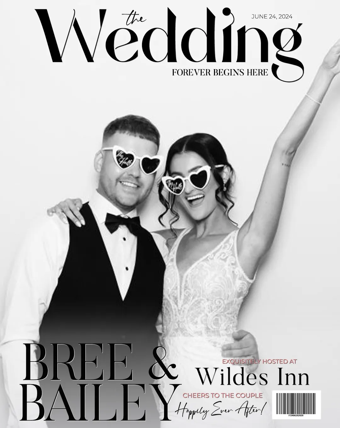 Magazine cover photo booth print of a bride and groom in heart sunglasses at Wildes Inn