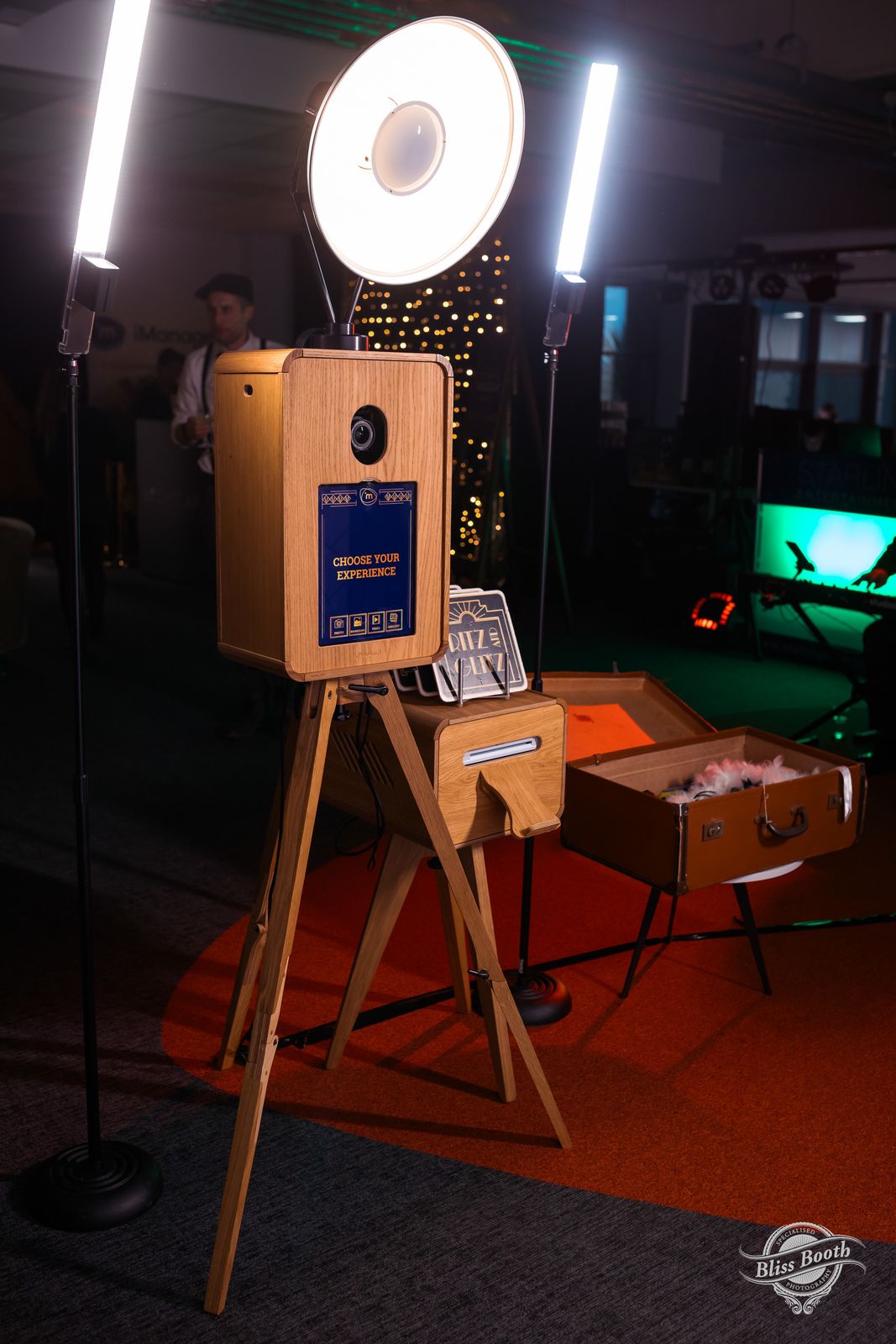 ICON photo booth with studio lights set up for an evening wedding reception