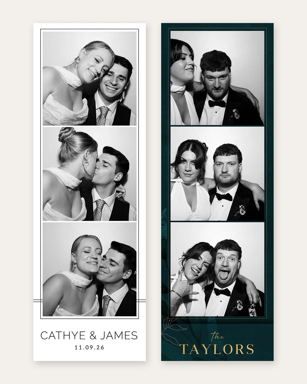 Two personalised 6x2 Photomatic photo strips from real weddings, with the couples' names and wedding date