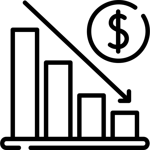 Bar chart with four descending bars and a diagonal arrow pointing downwards towards a dollar sign, symbolizing financial decline or loss.