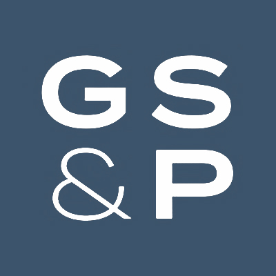 White letters G, S, and P with an ampersand on a dark blue square background.