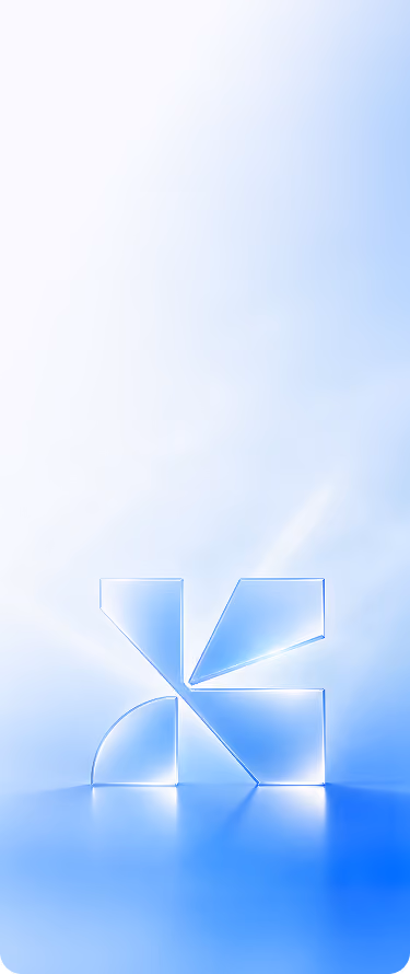 Transparent, glossy geometric shapes forming an abstract symmetrical design on a smooth reflective blue surface with a gradient blue and white.