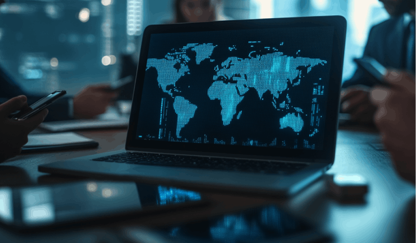 Tech team working on laptops for semiconductor talent market mapping and skills intelligence