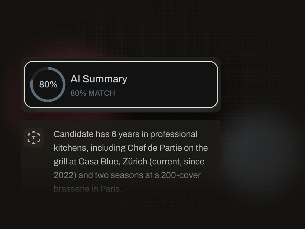 AI summary card: 80% match, with the candidate's kitchen experience summarised