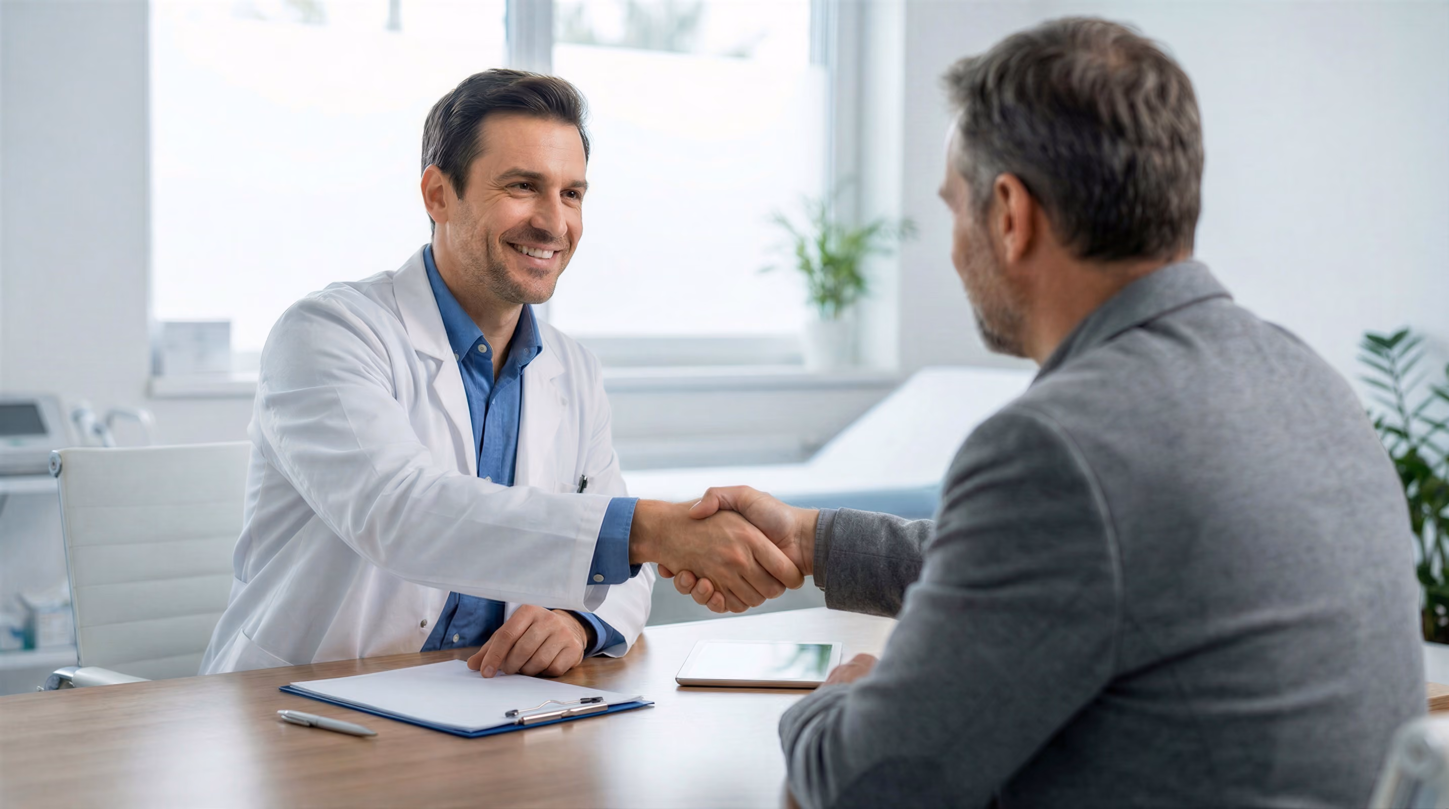 A male doctor in a white coat smiling and shaking hands with a male patient across a desk in a bright medical office.