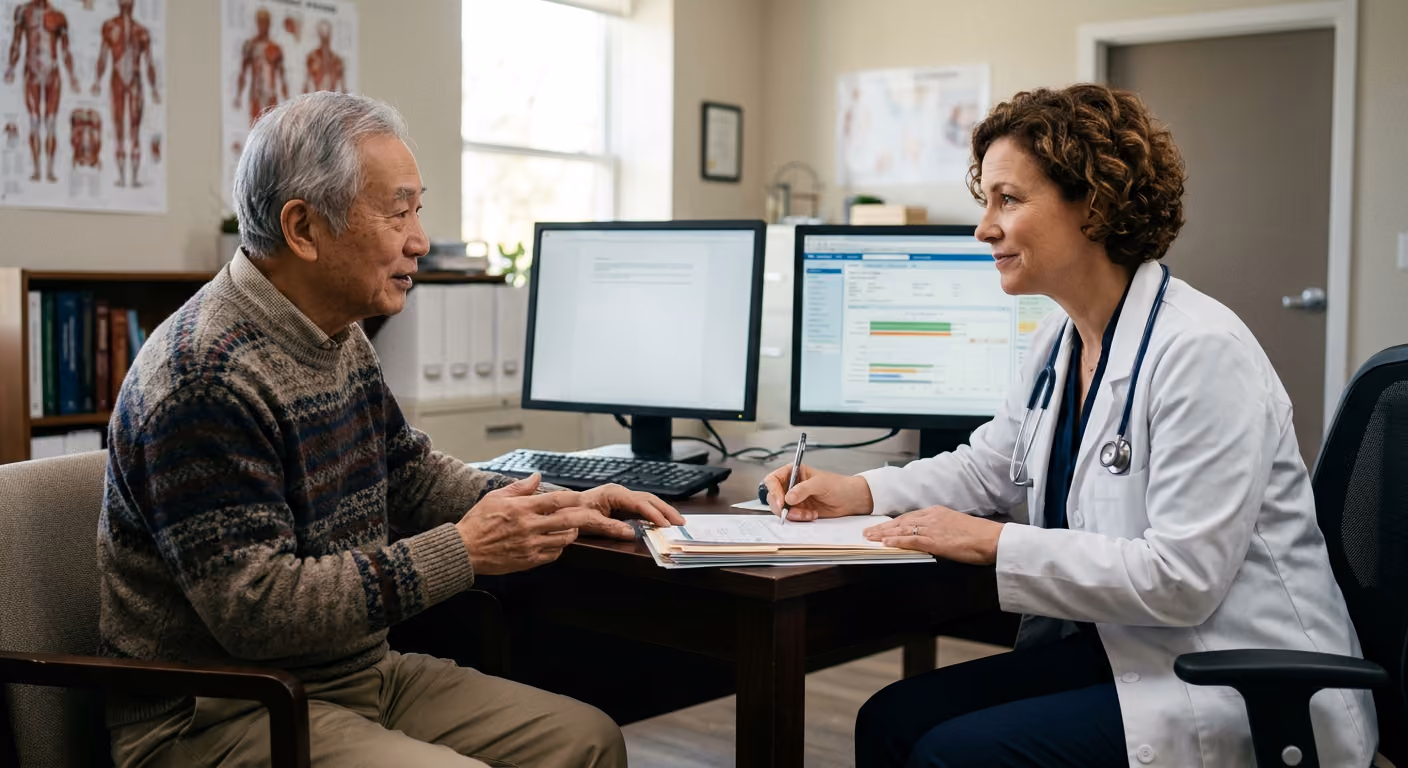 A female doctor in a white coat with a stethoscope talks to an elderly male patient seated across a desk in a medical office with anatomy charts on the wall and computer screens on the desk.