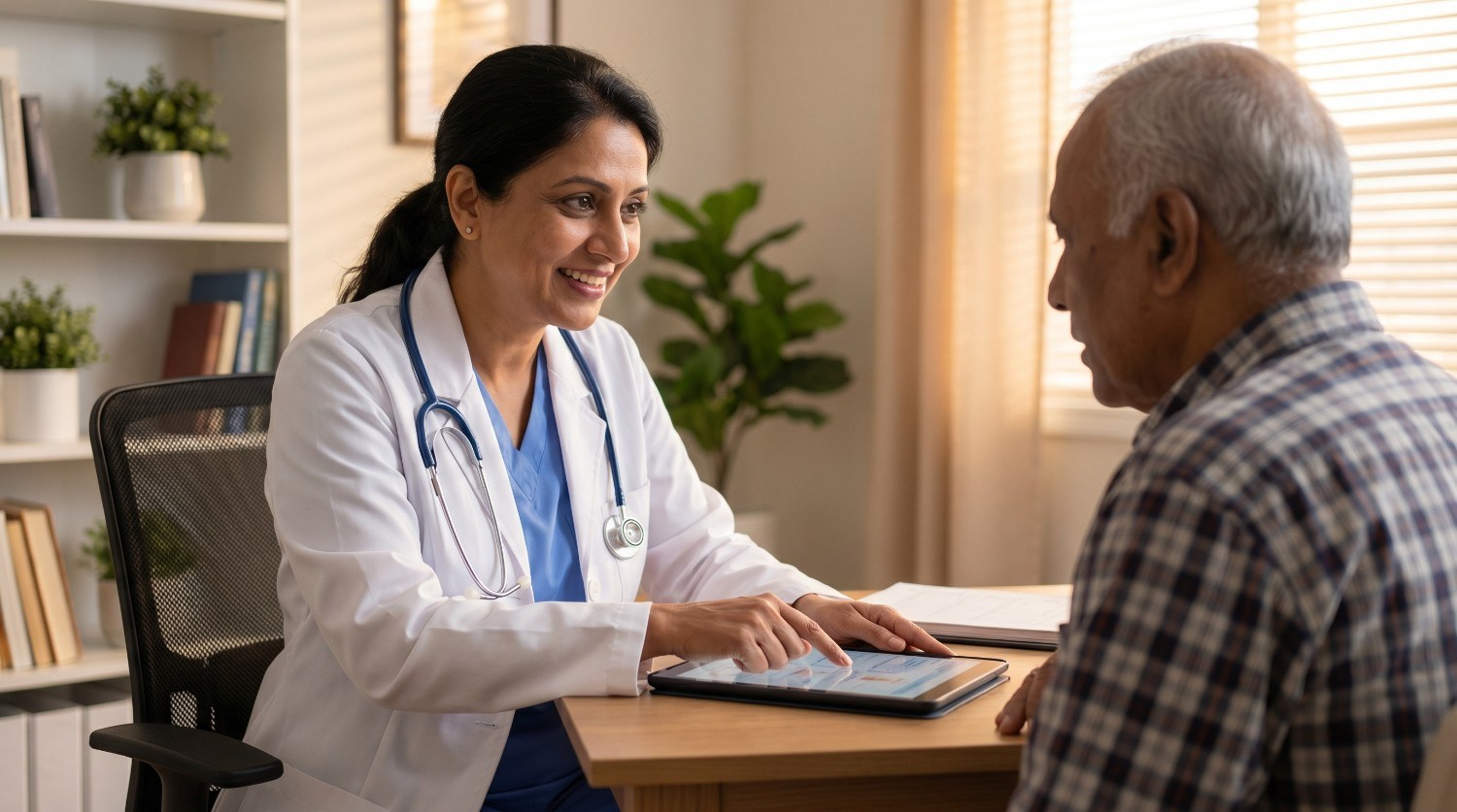 A female doctor in a white coat with a stethoscope smiles and points at a tablet screen while consulting an elderly man seated across a desk in a well-lit office.