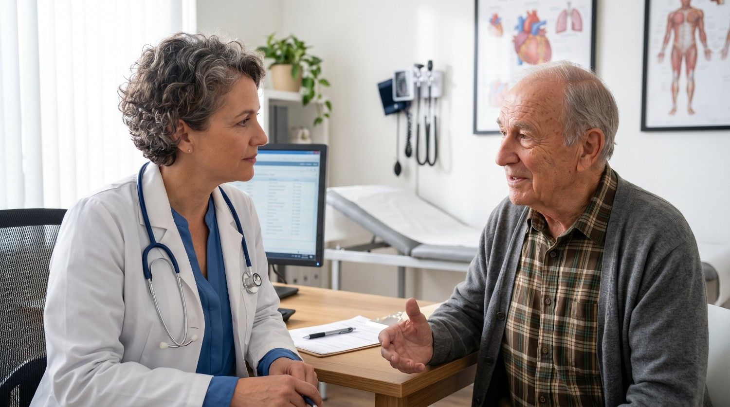 A female doctor with a stethoscope listens attentively to an elderly male patient speaking in a medical office with anatomical posters on the wall.